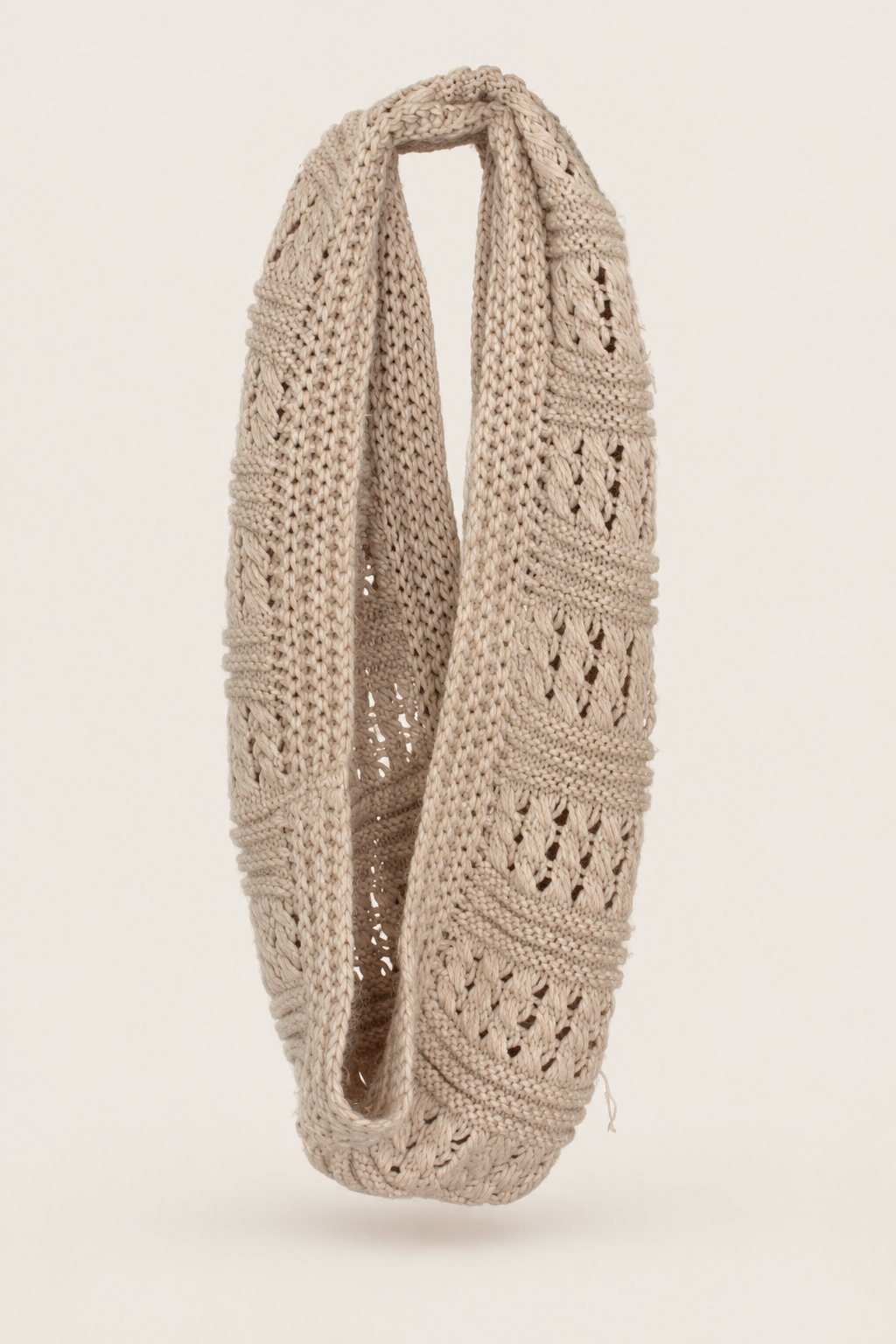 CR-0042, Beige Openwork Knitted Loop Scarf, garment-only supplied view. AI-edited from the actual garment photo; hanger and background removed.