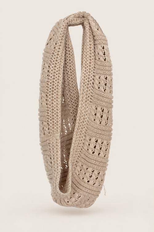 CR-0042, Beige Openwork Knitted Loop Scarf, garment-only supplied view. AI-edited from the actual garment photo; hanger and background removed.