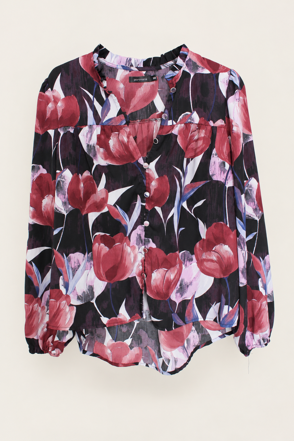 CR-0043, Portmans Tulip-Print Button-Front Blouse, garment-only front view. AI-edited from the actual garment photo; hanger and background removed.