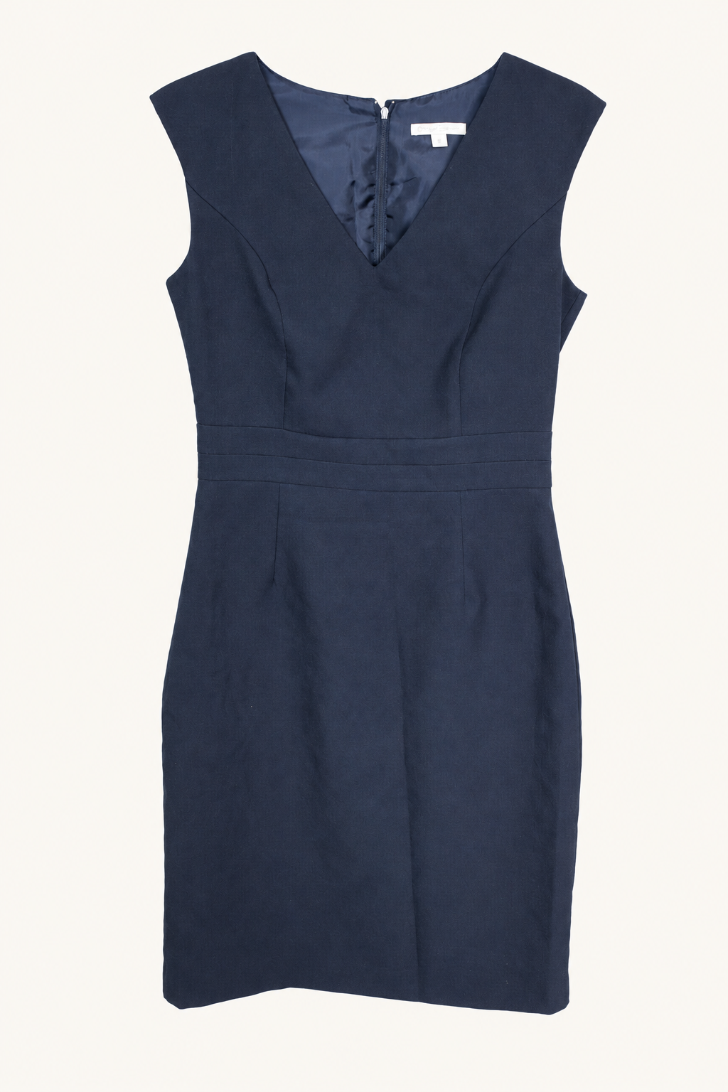 CR-0044, Navy Sleeveless V-Neck Sheath Dress, garment-only front view. AI-edited from the actual garment photograph; hanger, support and background removed.