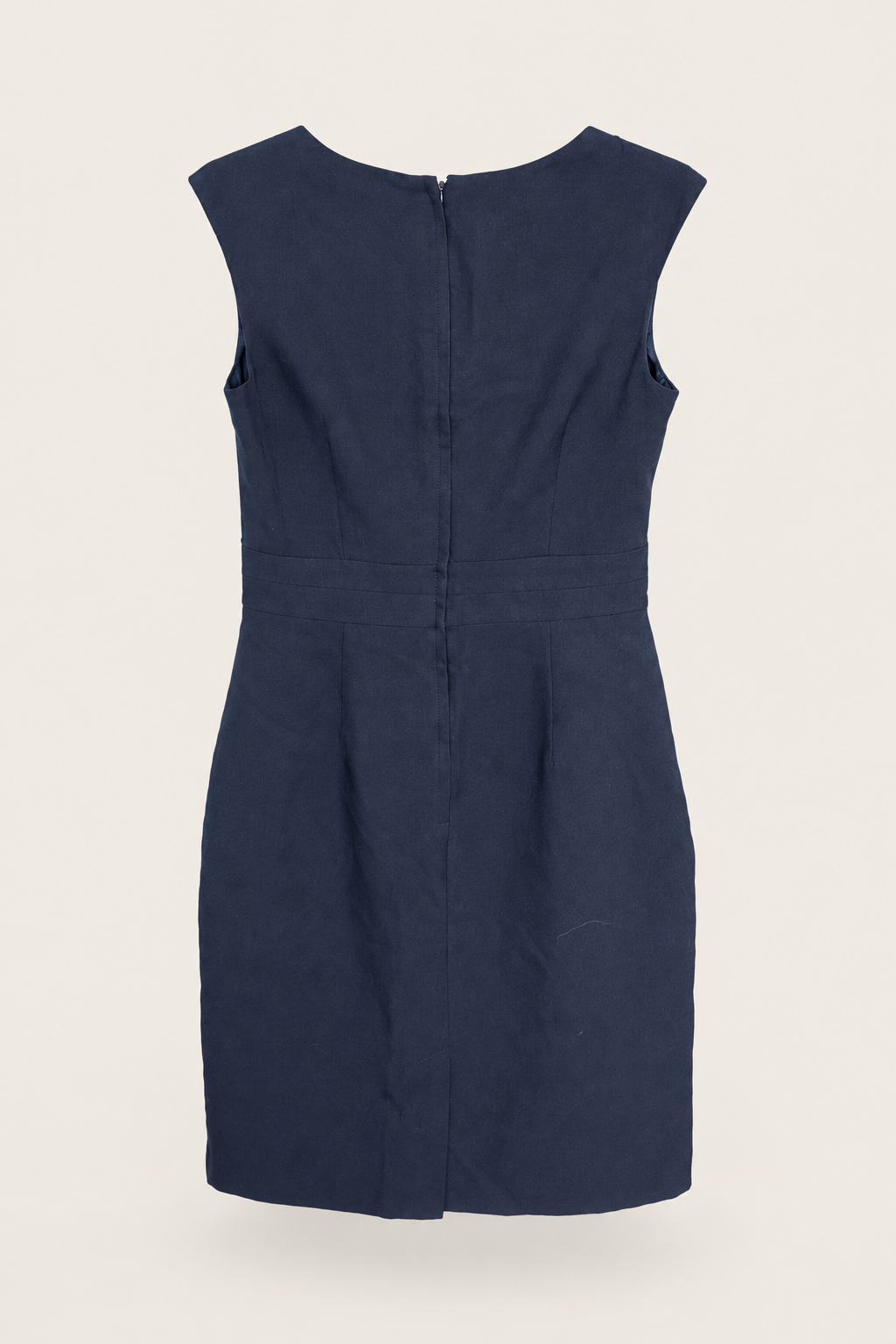 CR-0044, Navy Sleeveless V-Neck Sheath Dress, garment-only rear view. AI-edited from the actual garment photo; hanger and background removed.