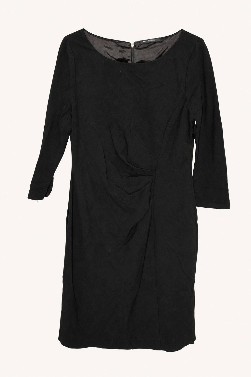 CR-0045, Elie Tahari Black Draped-Waist Dress, garment-only front view. AI-edited from the actual garment photograph; hanger, support and background removed.