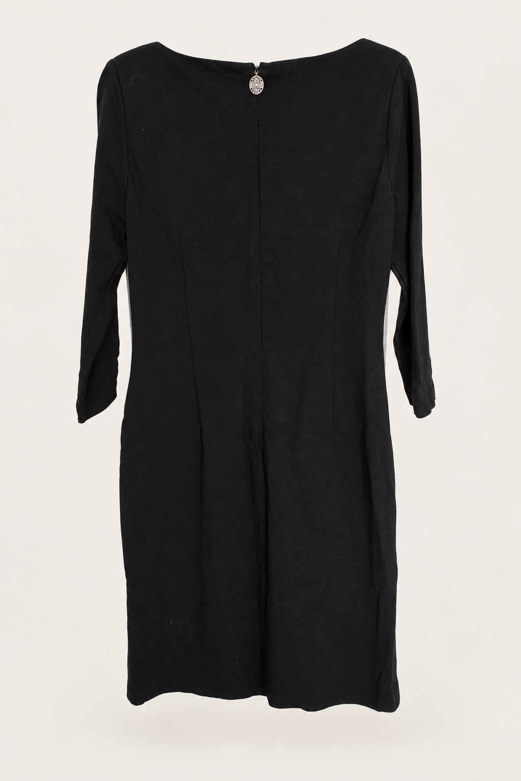 CR-0045, Elie Tahari Black Draped-Waist Dress, garment-only rear view. AI-edited from the actual garment photo; hanger and background removed.
