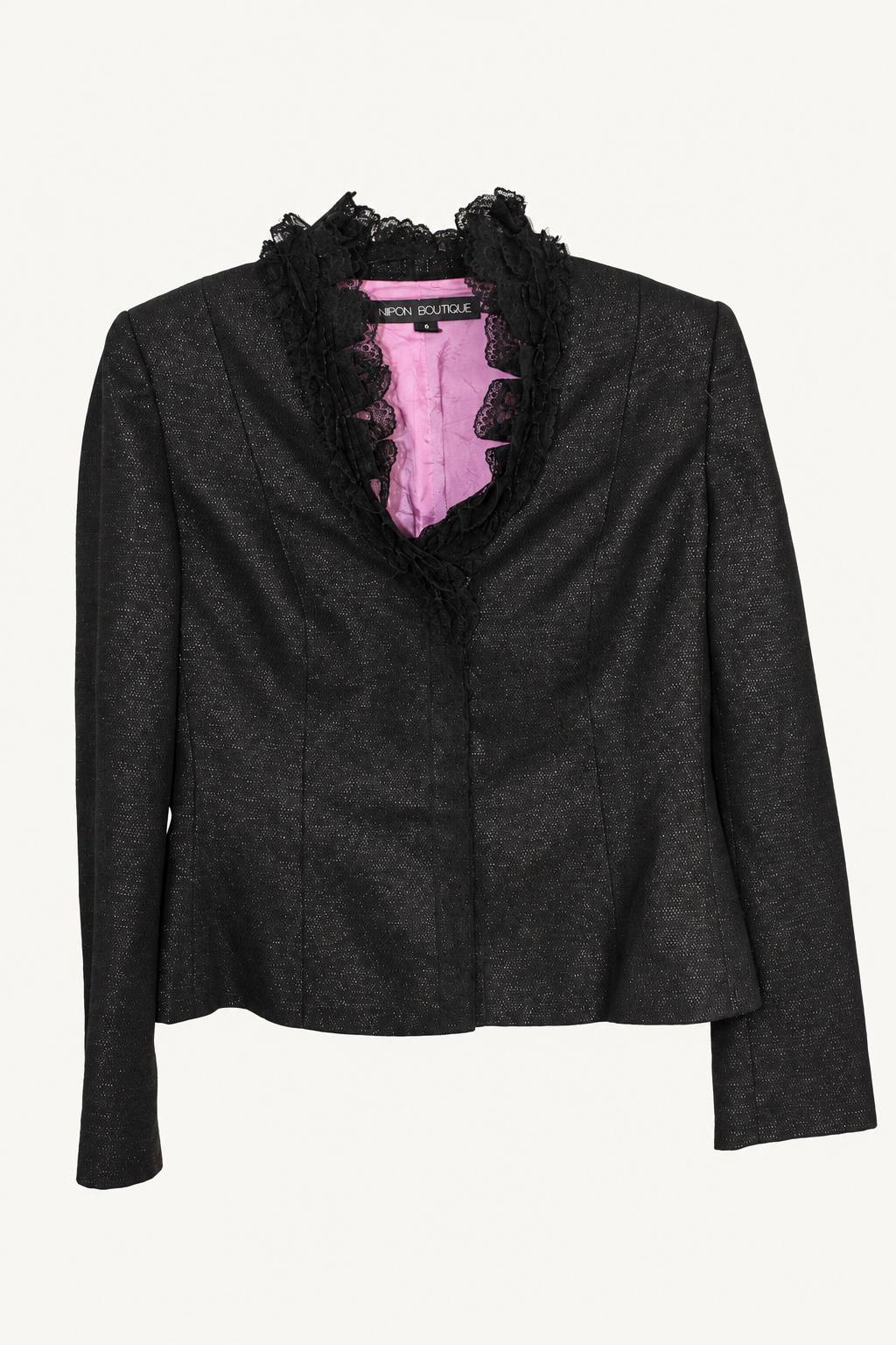 CR-0048, Nipon Boutique Black Lace-Collar Jacket, garment-only front view. AI-edited from the actual garment photograph; hanger, support and background removed.