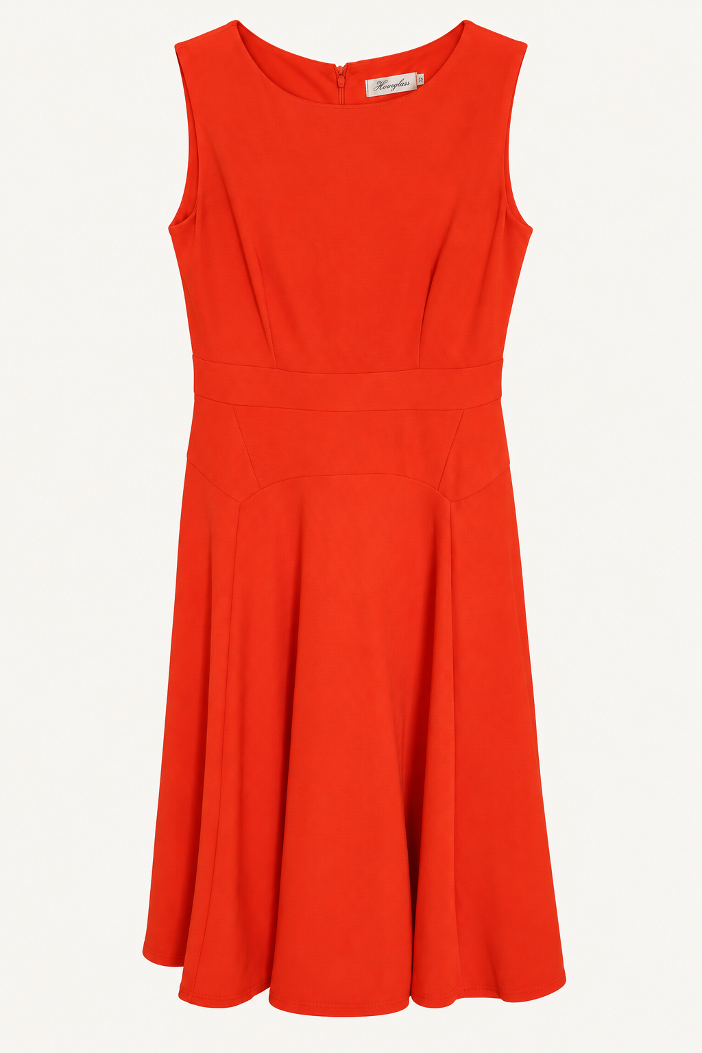 CR-0049, Hourglass Orange Sleeveless Panelled Dress, garment-only front view. AI-edited from the actual garment photograph; hanger, support and background removed.