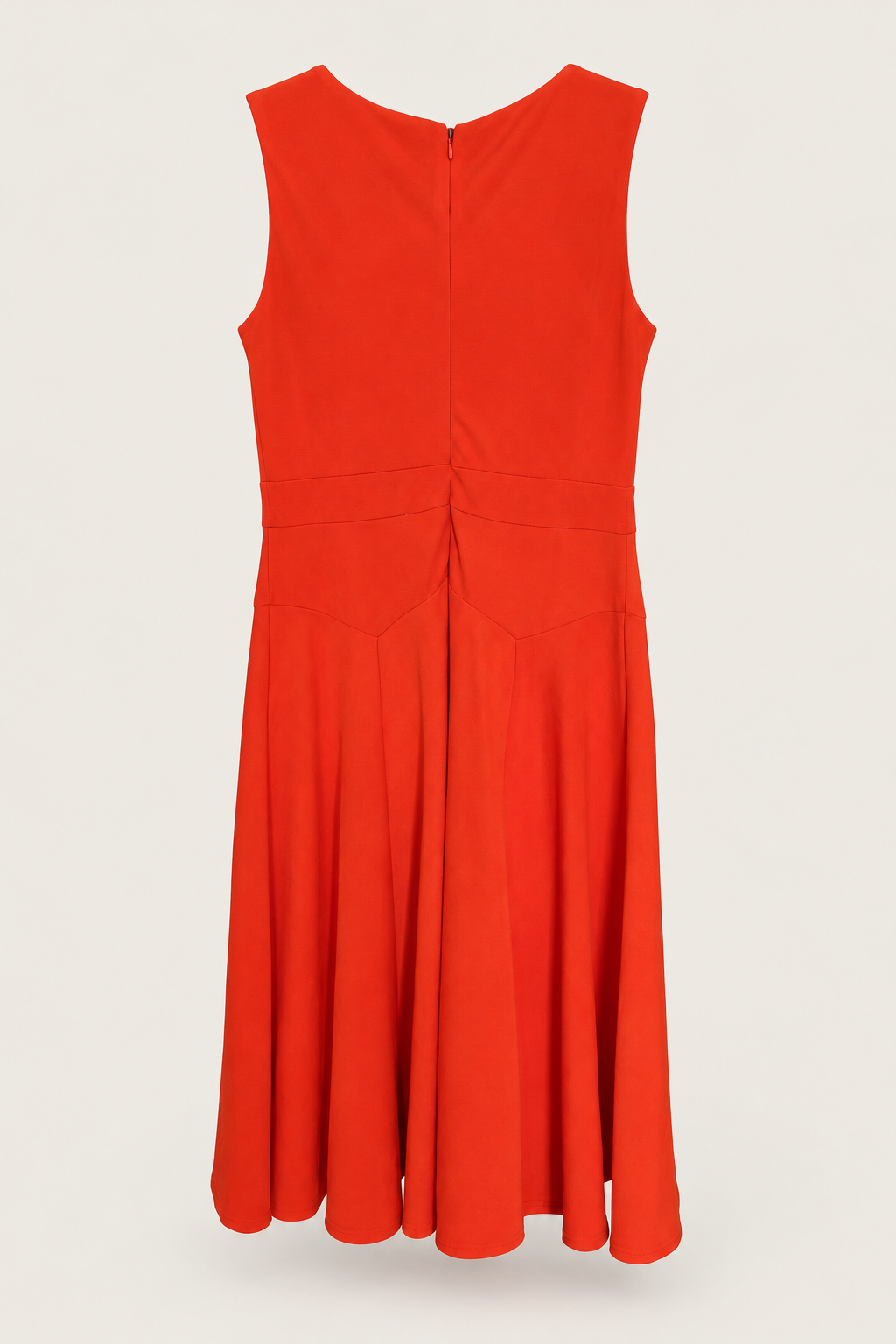CR-0049, Hourglass Orange Sleeveless Panelled Dress, garment-only rear view. AI-edited from the actual garment photo; hanger and background removed.