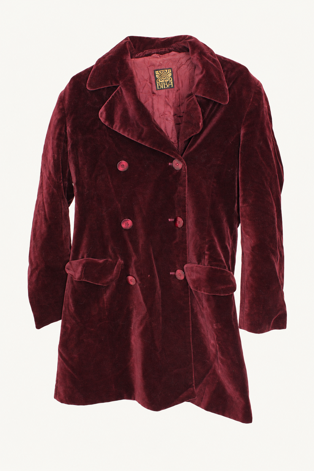 CR-0050, BIBA Burgundy Velvet-Look Double-Breasted Coat, garment-only front view. AI-edited from the actual garment photograph; hanger, support and background removed.