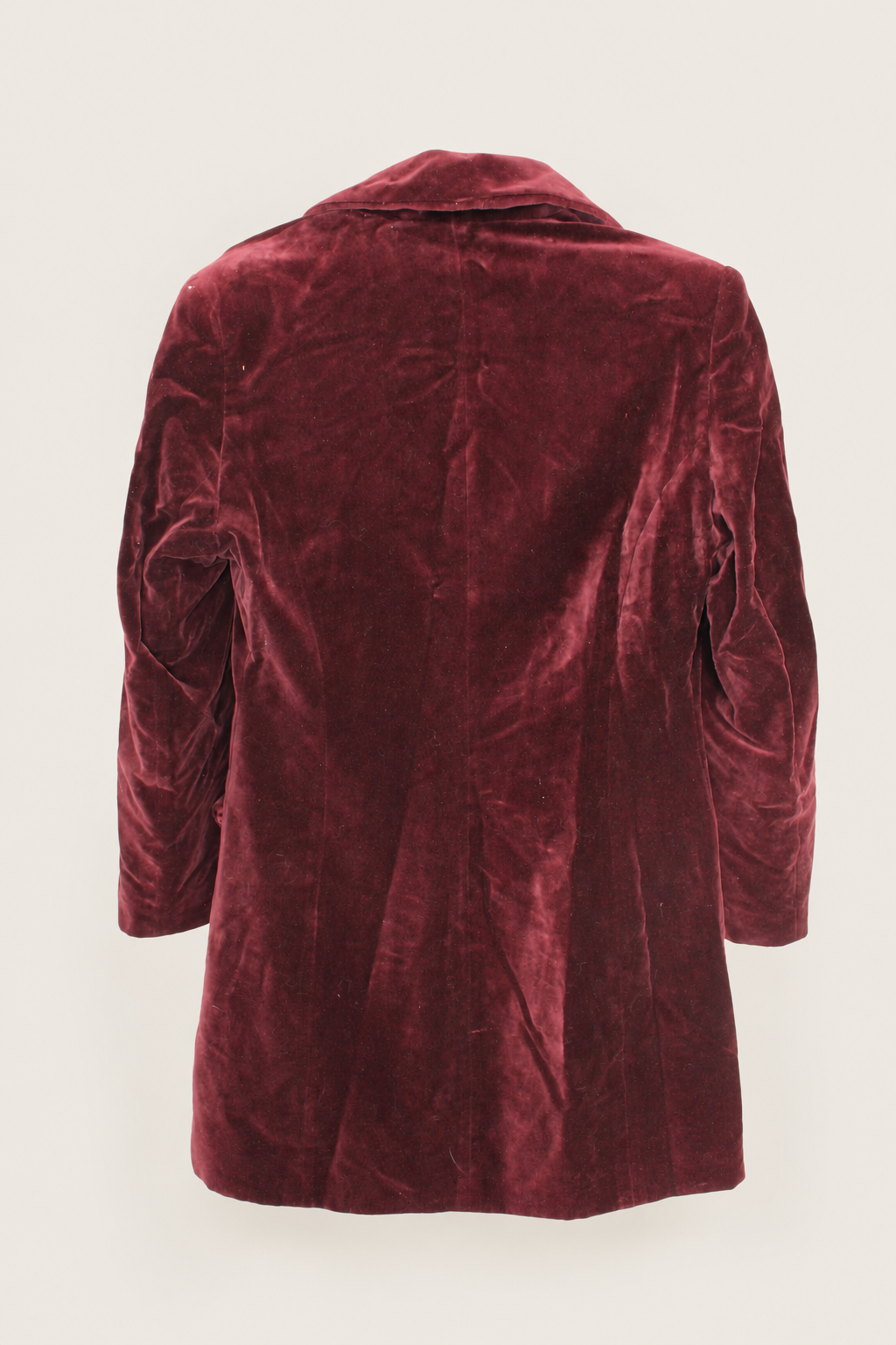 CR-0050, BIBA Burgundy Velvet-Look Double-Breasted Coat, garment-only rear view. AI-edited from the actual garment photo; hanger and background removed.