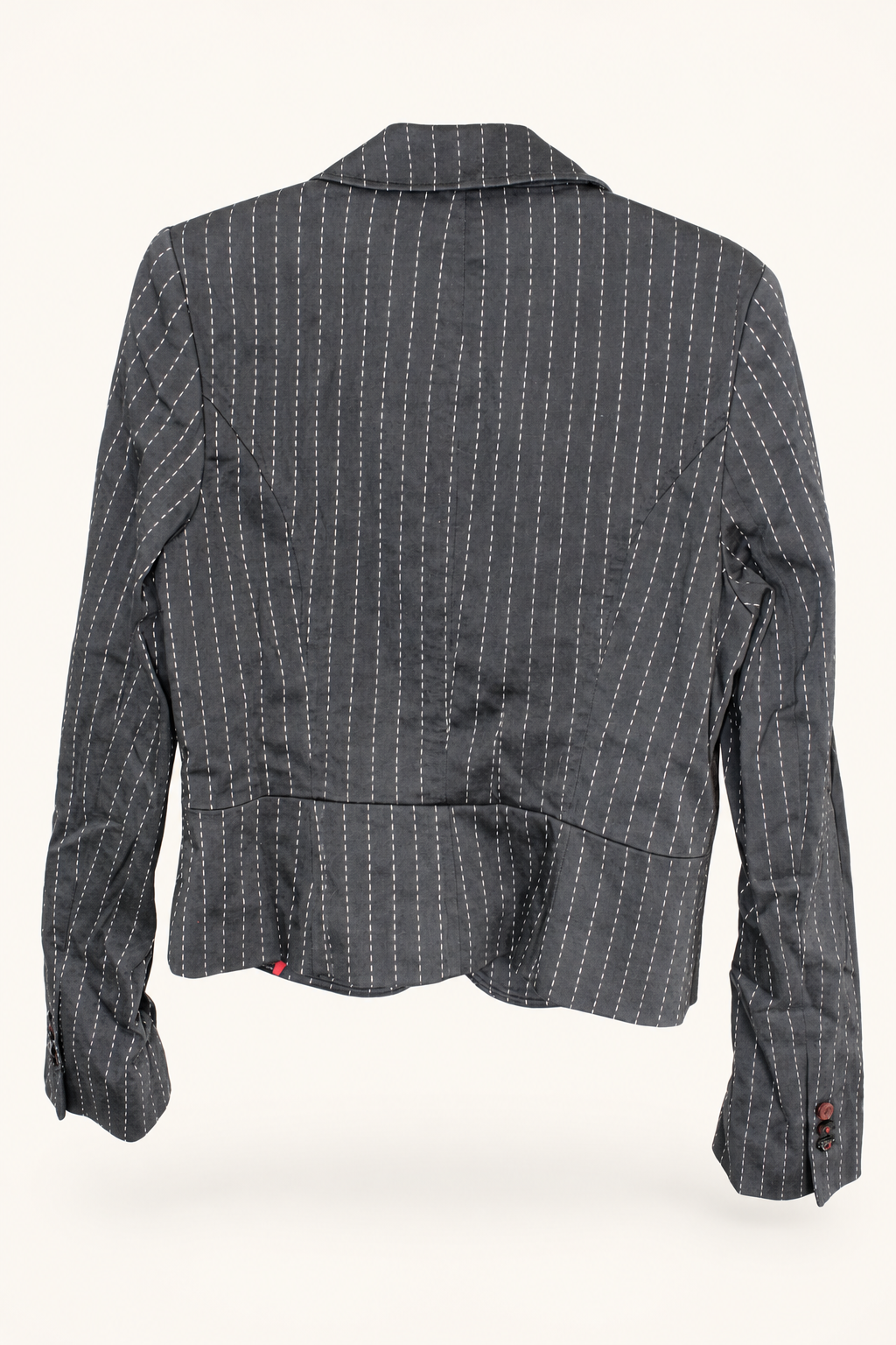 AI-edited garment-only rear view of CUE Dark Chalk-Stripe Blazer, based on the actual item photograph; hanger and background removed.
