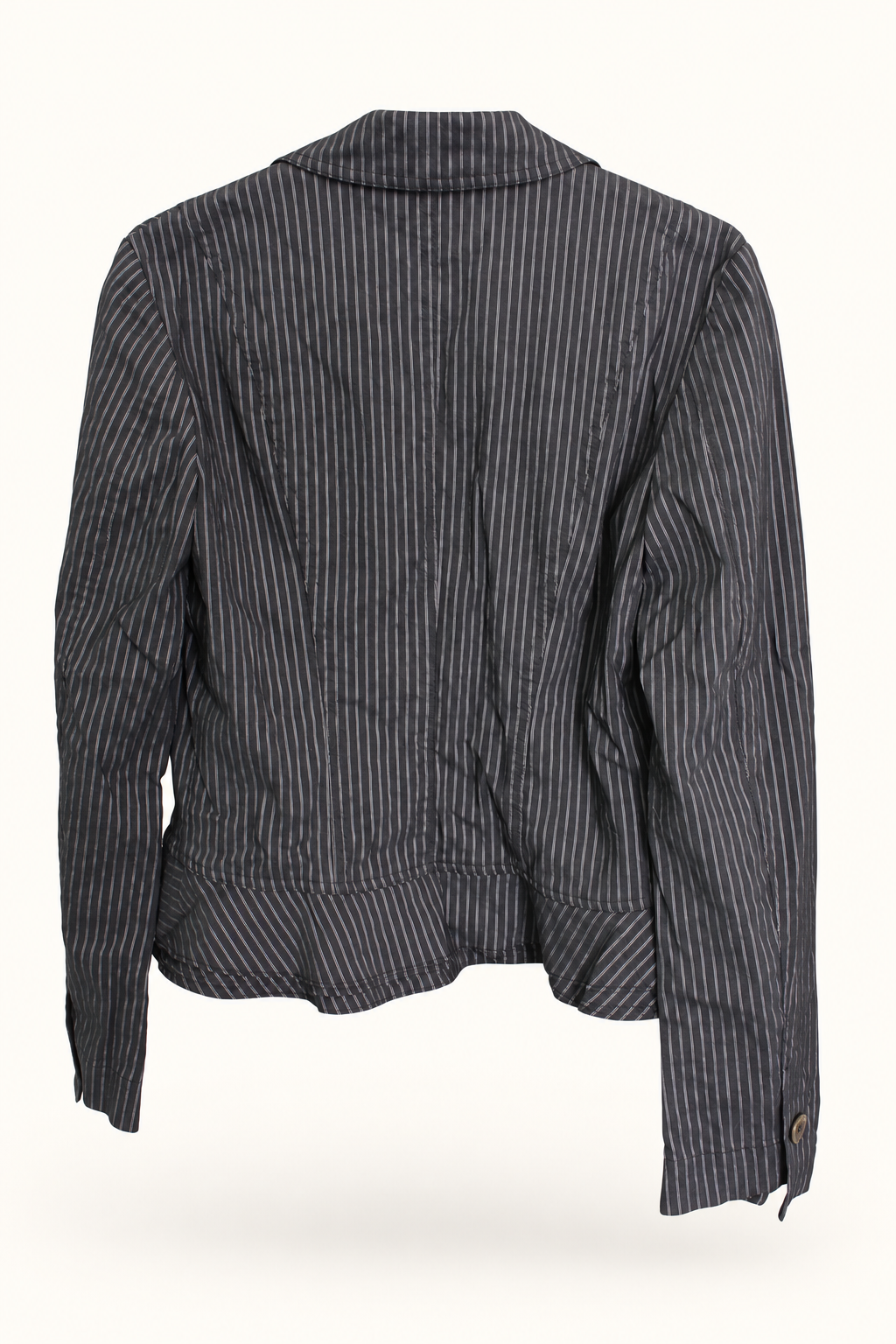 AI-edited garment-only rear view of CUE Dark Pinstripe Ruffle-Hem Blazer, based on the actual item photograph; hanger and background removed.