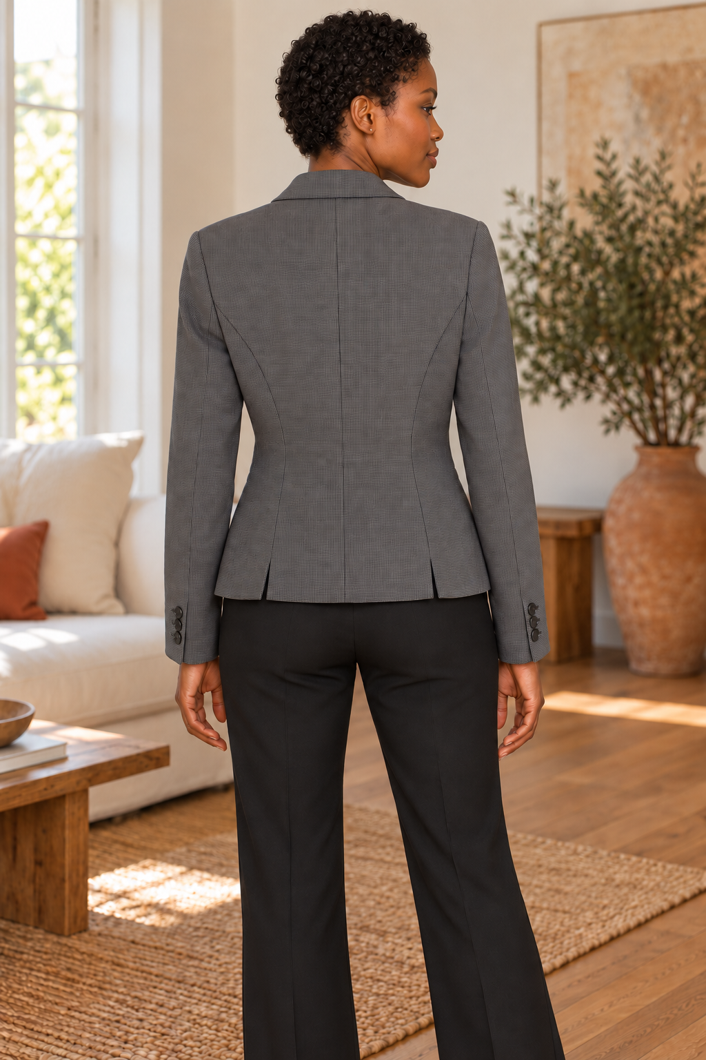 AI-generated model wearing Veronika Maine Grey Micro-Pattern Blazer, rear view