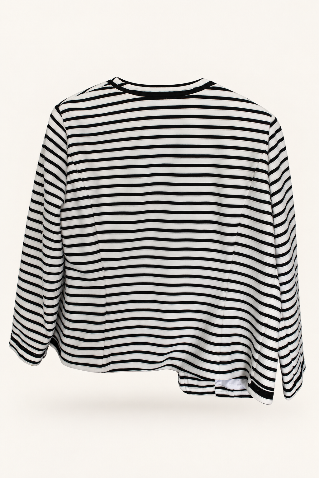 AI-edited garment-only rear view of Ricki Renée Black & White Striped Jacket, based on the actual item photograph; hanger and background removed.