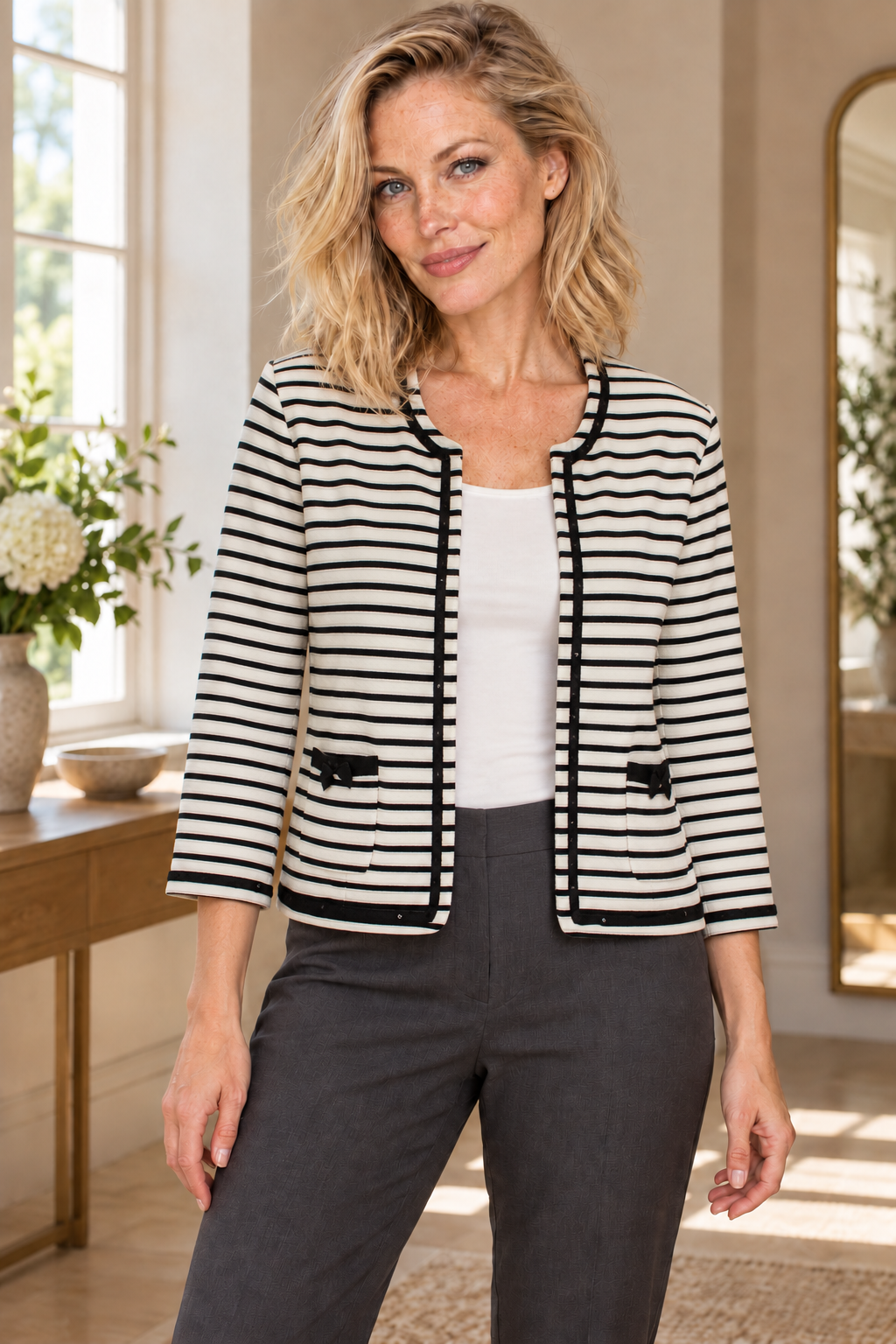 AI-generated model wearing Ricki Renée Black & White Striped Jacket, front view