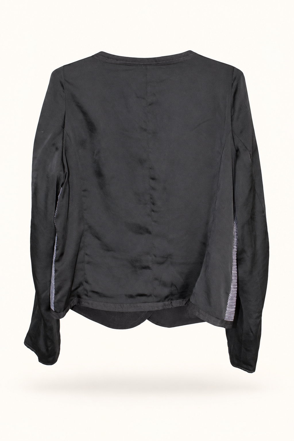 AI-edited garment-only rear view of Gap Black & Grey Collarless Jacket, based on the actual item photograph; hanger and background removed.