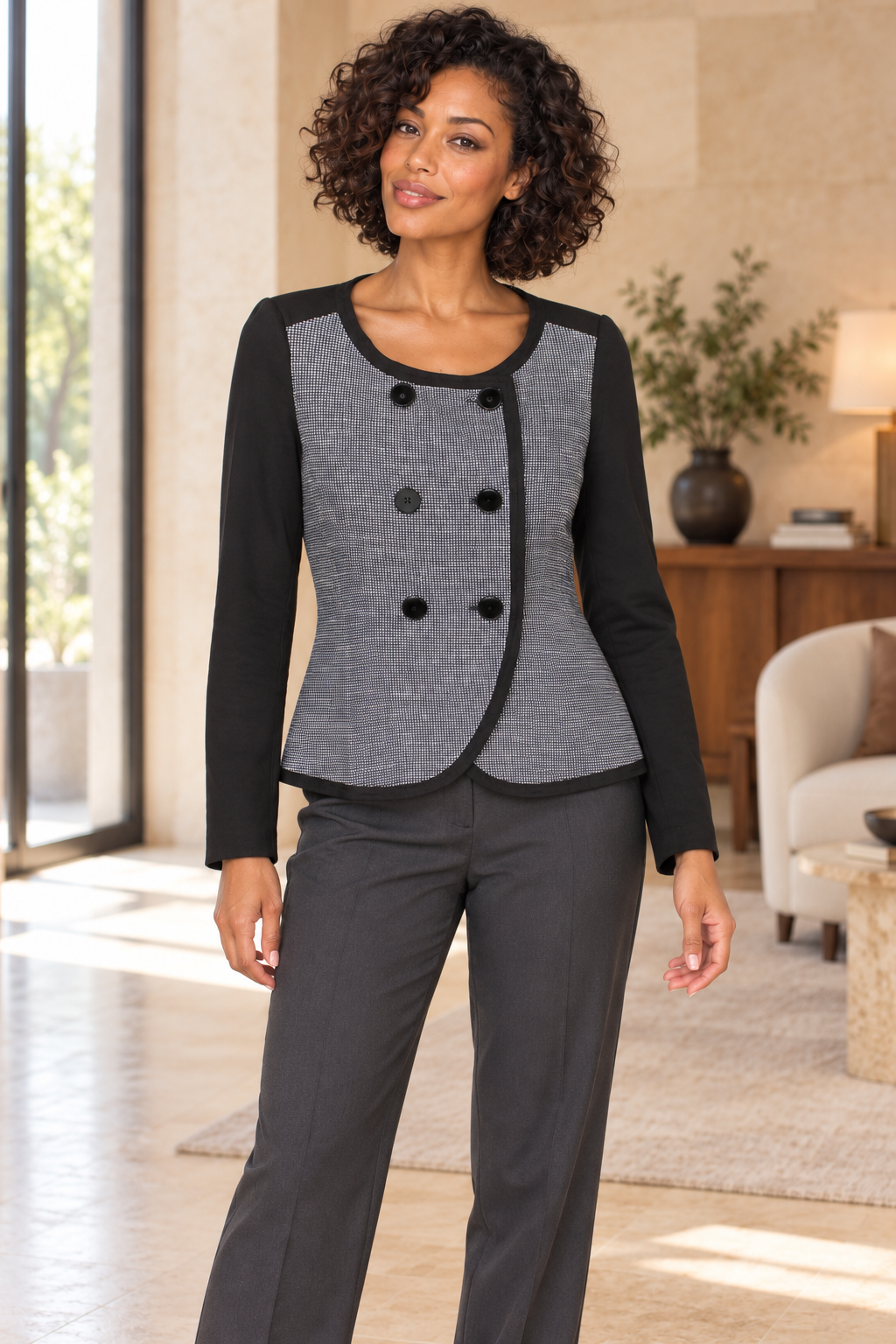 AI-generated model wearing Gap Black & Grey Collarless Jacket, front view