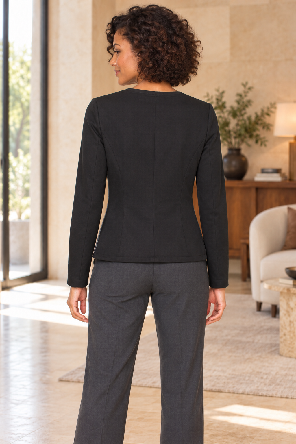 AI-generated model wearing Gap Black & Grey Collarless Jacket, rear view