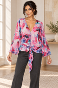 AI-generated model wearing Portmans Pink Floral Tie-Front Blouse, front view