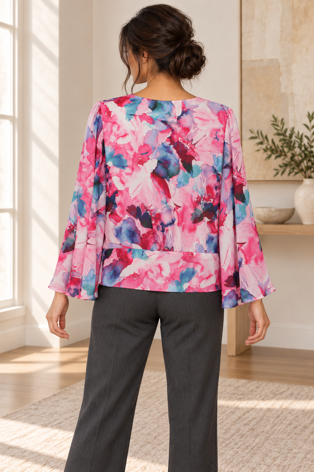 AI-generated model wearing Portmans Pink Floral Tie-Front Blouse, rear view