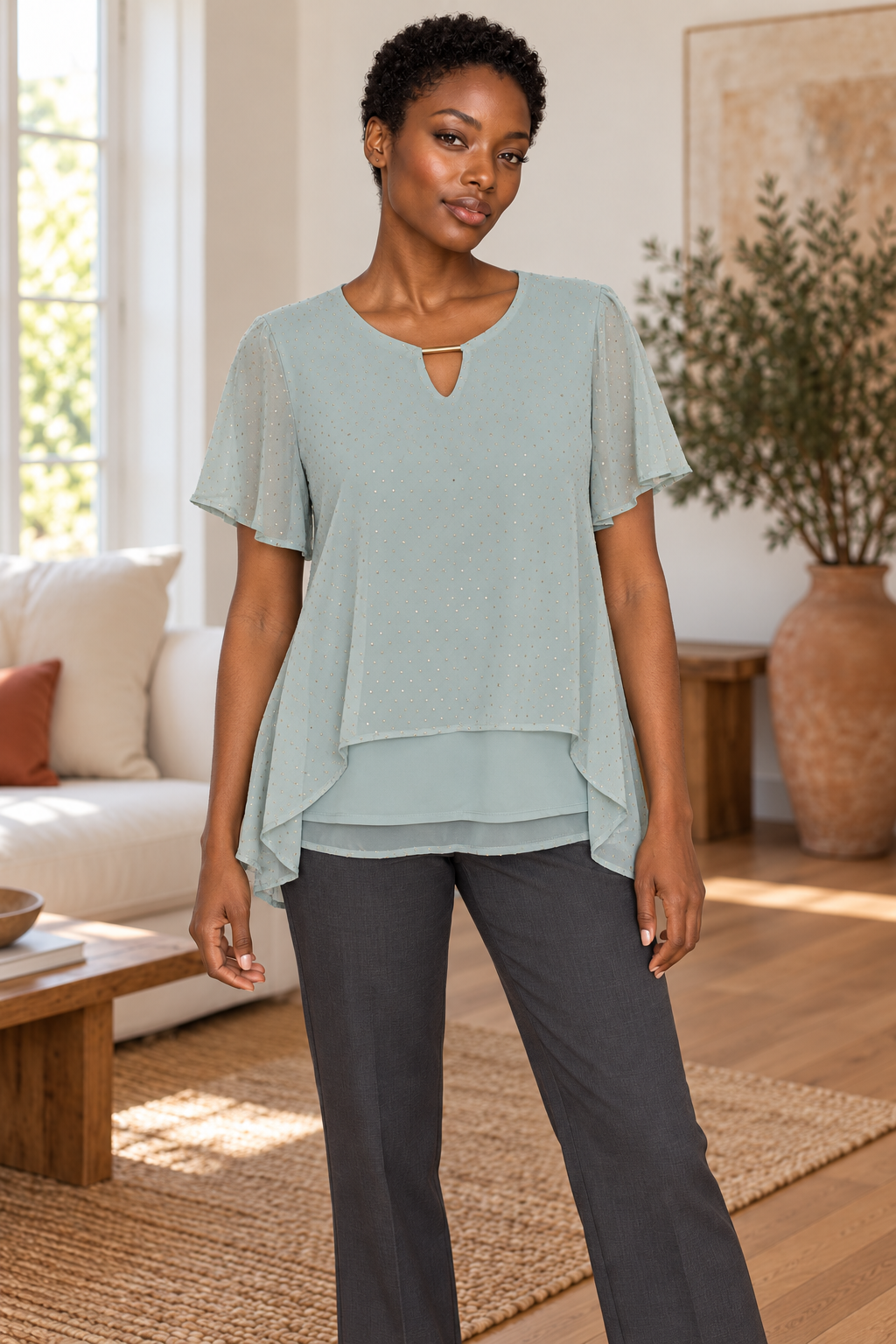 AI-generated model wearing Rockmans Mint Metallic-Dot Layered Blouse, front view