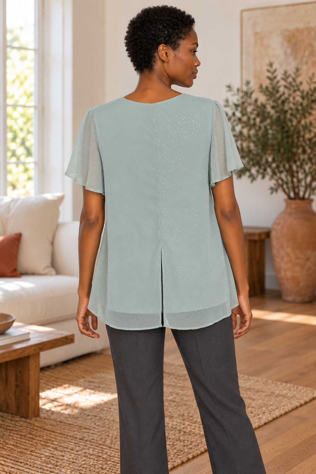 AI-generated model wearing Rockmans Mint Metallic-Dot Layered Blouse, rear view