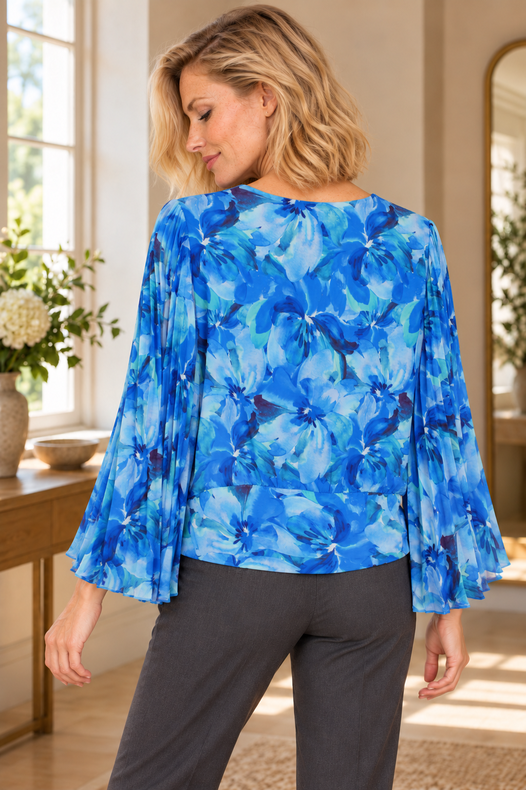 AI-generated model wearing Portmans Blue Floral Pleated-Sleeve Blouse, rear view