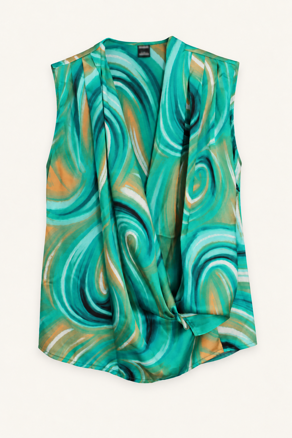CR-0062, Green Swirl-Print Draped Sleeveless Blouse, garment-only front view. AI-edited from the actual garment photo; hanger and background removed.