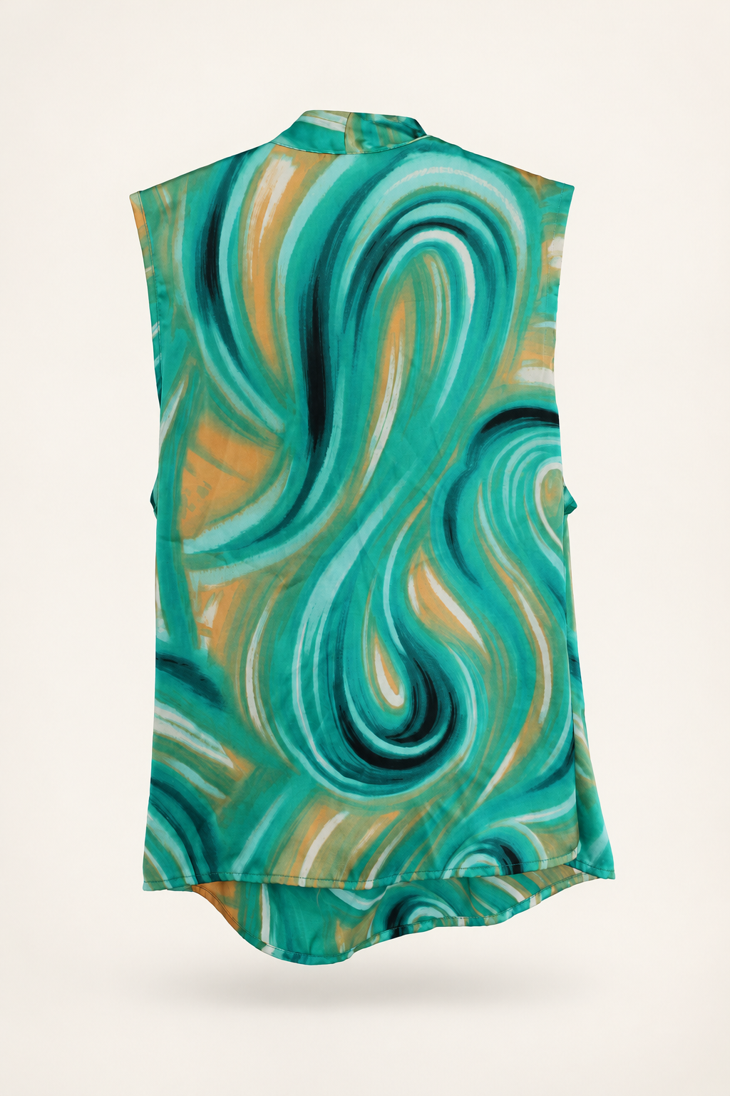 AI-edited garment-only rear view of Green Swirl-Print Draped Sleeveless Blouse, based on the actual item photograph; hanger and background removed.