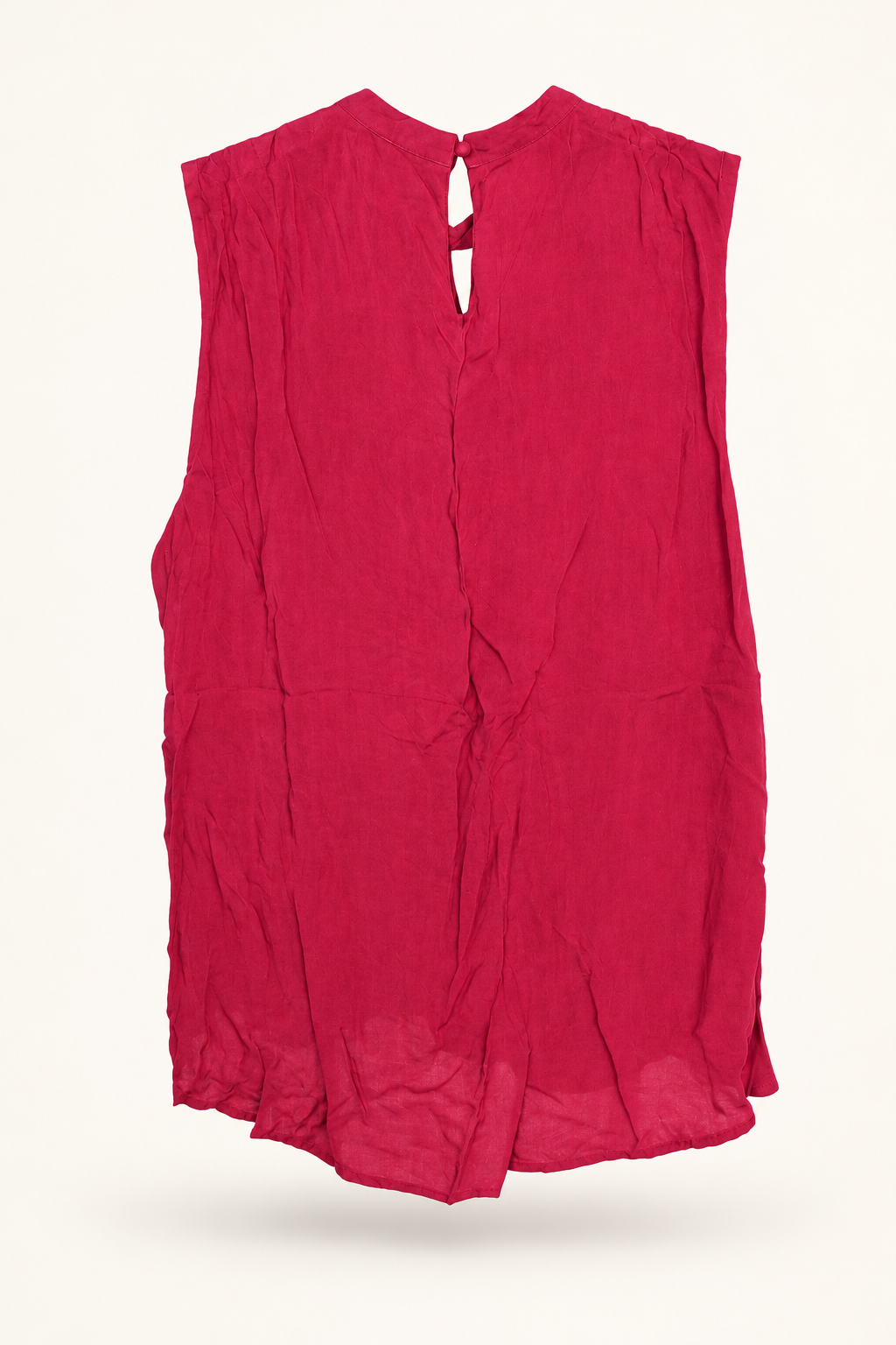 AI-edited garment-only rear view of Raspberry Twist-Front Sleeveless Blouse, based on the actual item photograph; hanger and background removed.