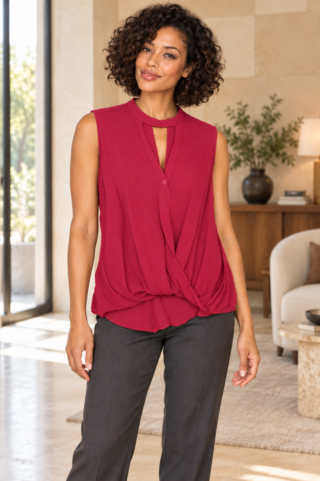 AI-generated model wearing Raspberry Twist-Front Sleeveless Blouse, front view