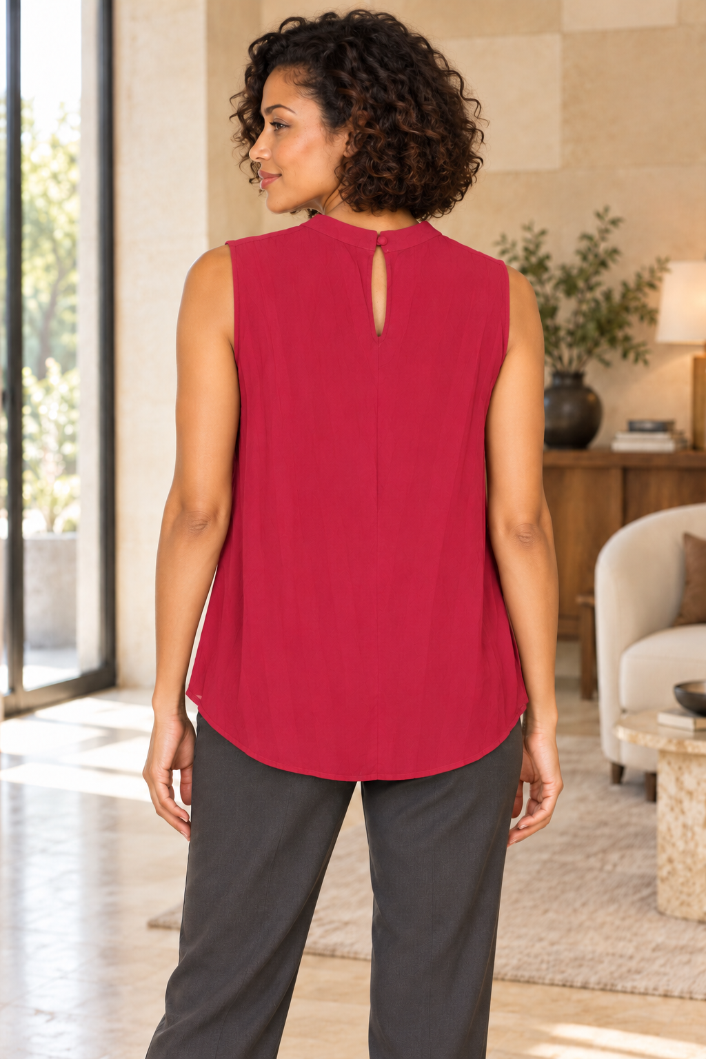 AI-generated model wearing Raspberry Twist-Front Sleeveless Blouse, rear view