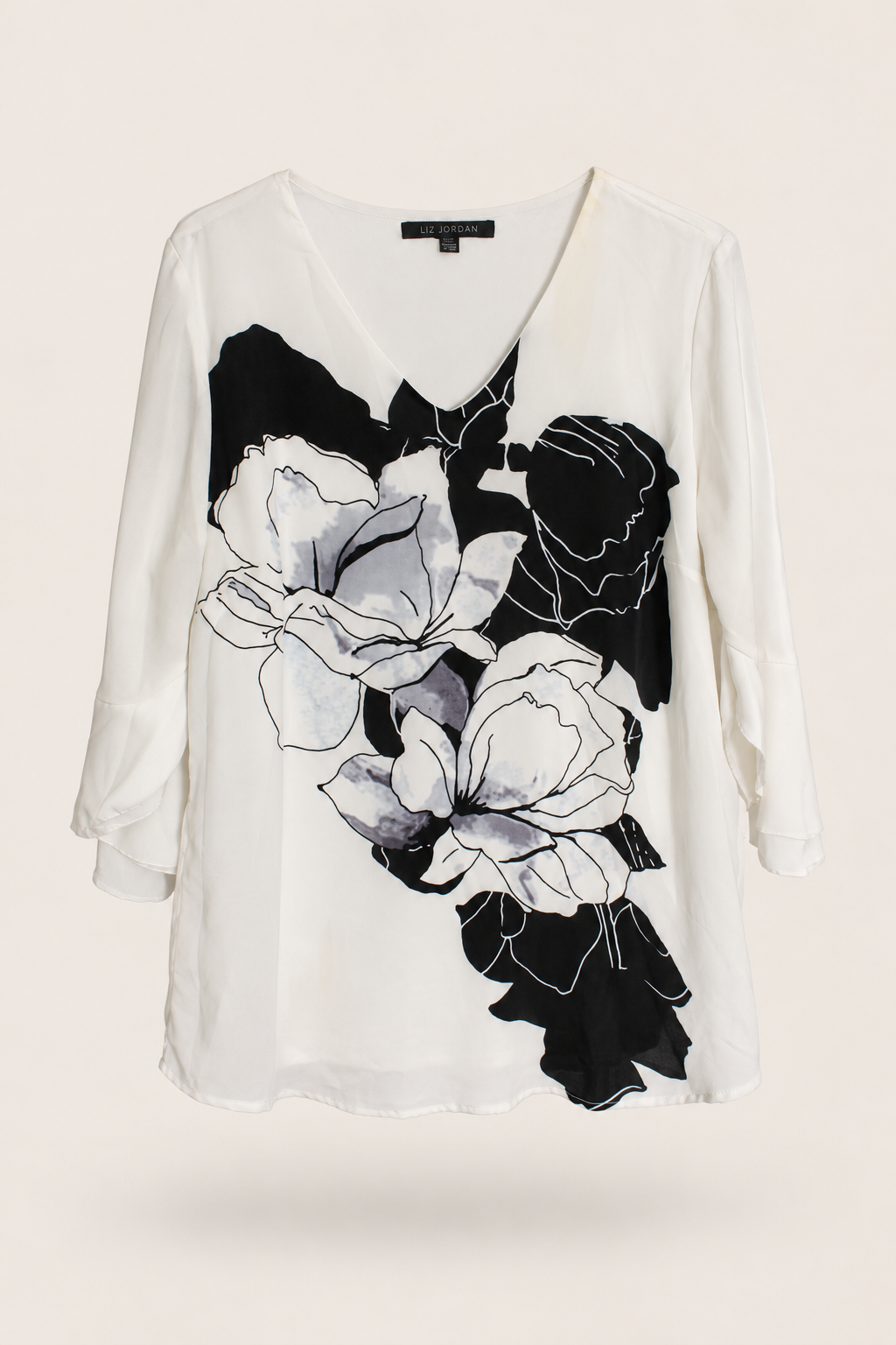 AI-edited garment-only front view of Liz Jordan Ivory Floral Tiered-Sleeve Blouse, based on the actual item photo