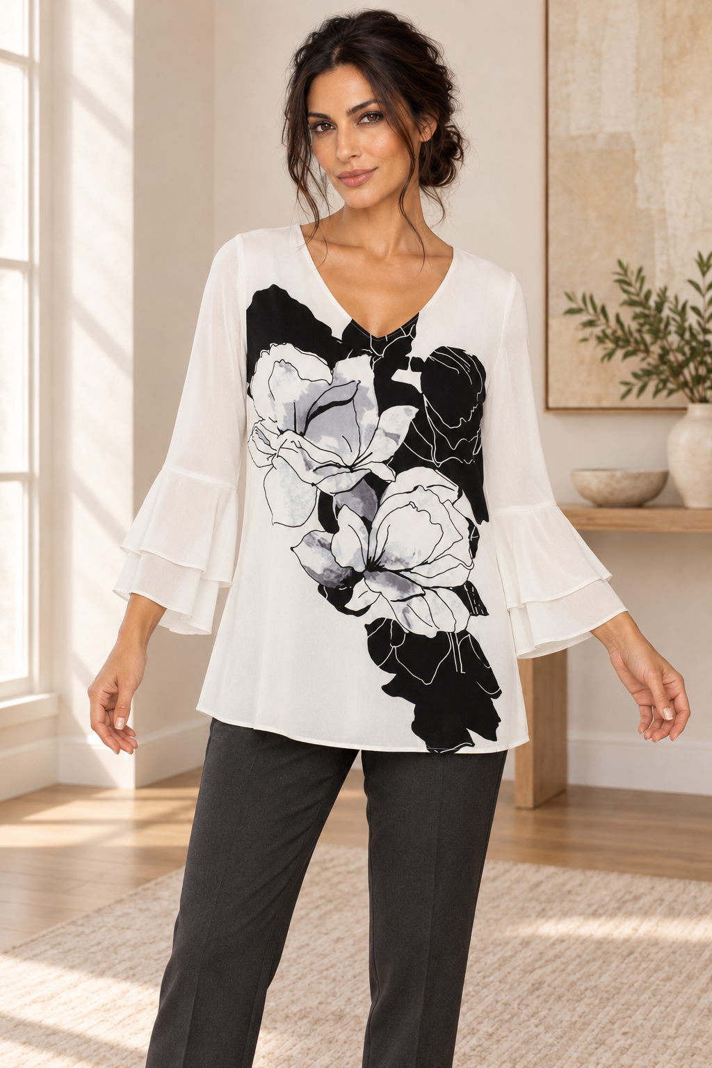 AI-generated model wearing Liz Jordan Ivory Floral Tiered-Sleeve Blouse, front view