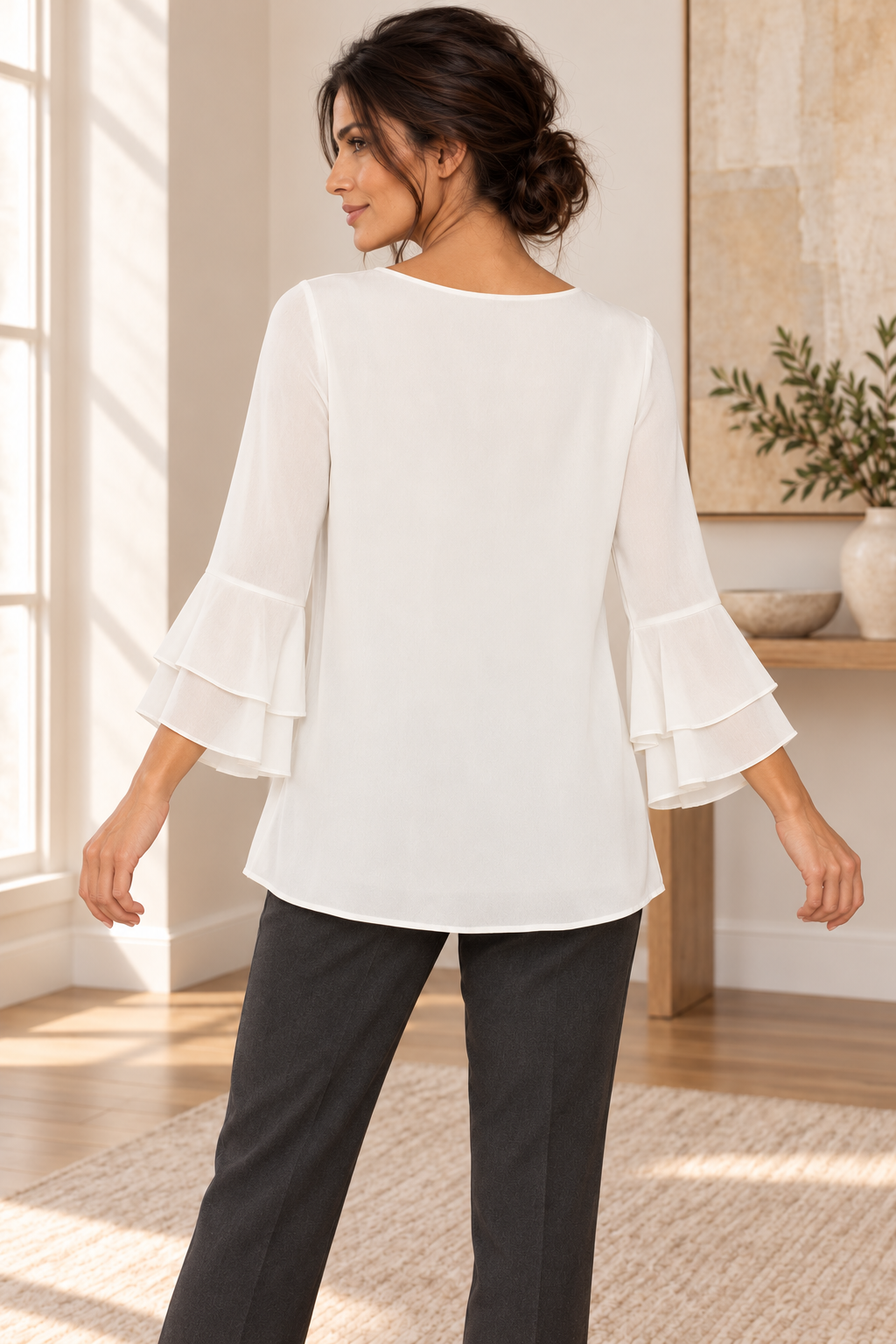 AI-generated model wearing Liz Jordan Ivory Floral Tiered-Sleeve Blouse, rear view