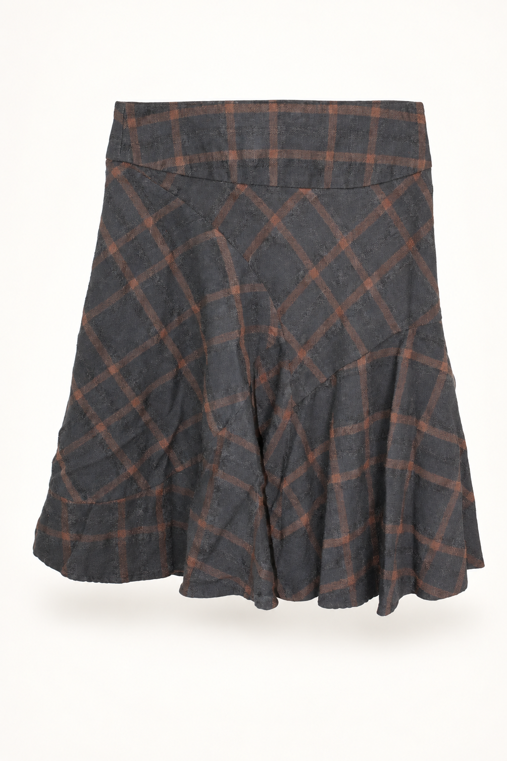 CR-0067, Charcoal & Rust Plaid Flared Skirt, garment-only front view. AI-edited from the actual garment photo; hanger and background removed.