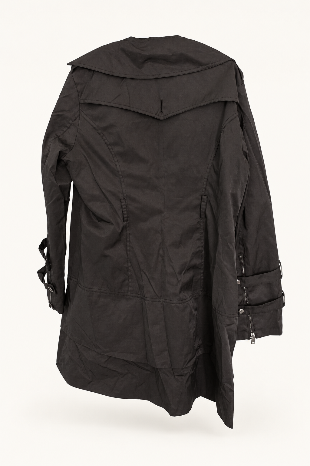 CR-0068, GUESS Dark Asymmetric-Zip Coat, garment-only rear view. AI-edited from the actual garment photo; hanger and background removed.