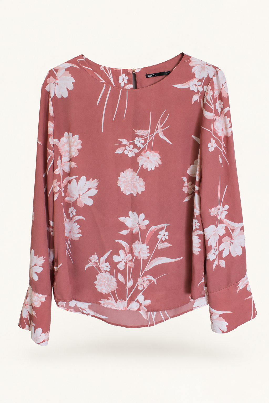 CR-0070, Tokito Dusty-Rose Floral Blouse, garment-only front view. AI-edited from the actual garment photo; hanger and background removed.