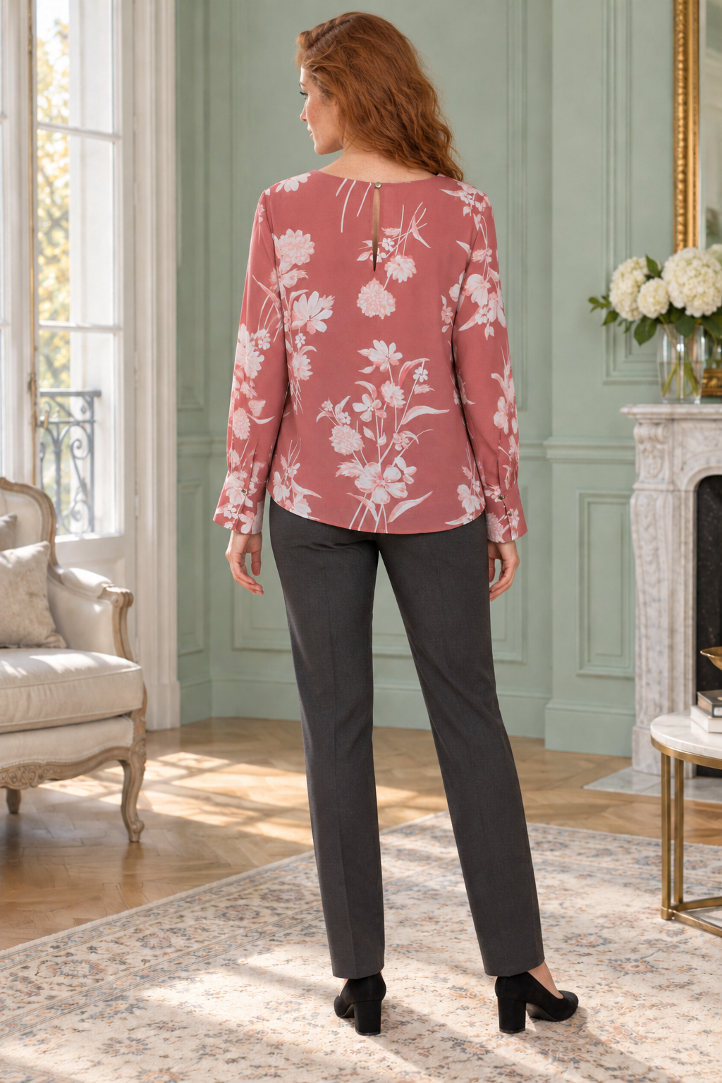 AI-generated rear model view of Tokito Dusty-Rose Floral Blouse