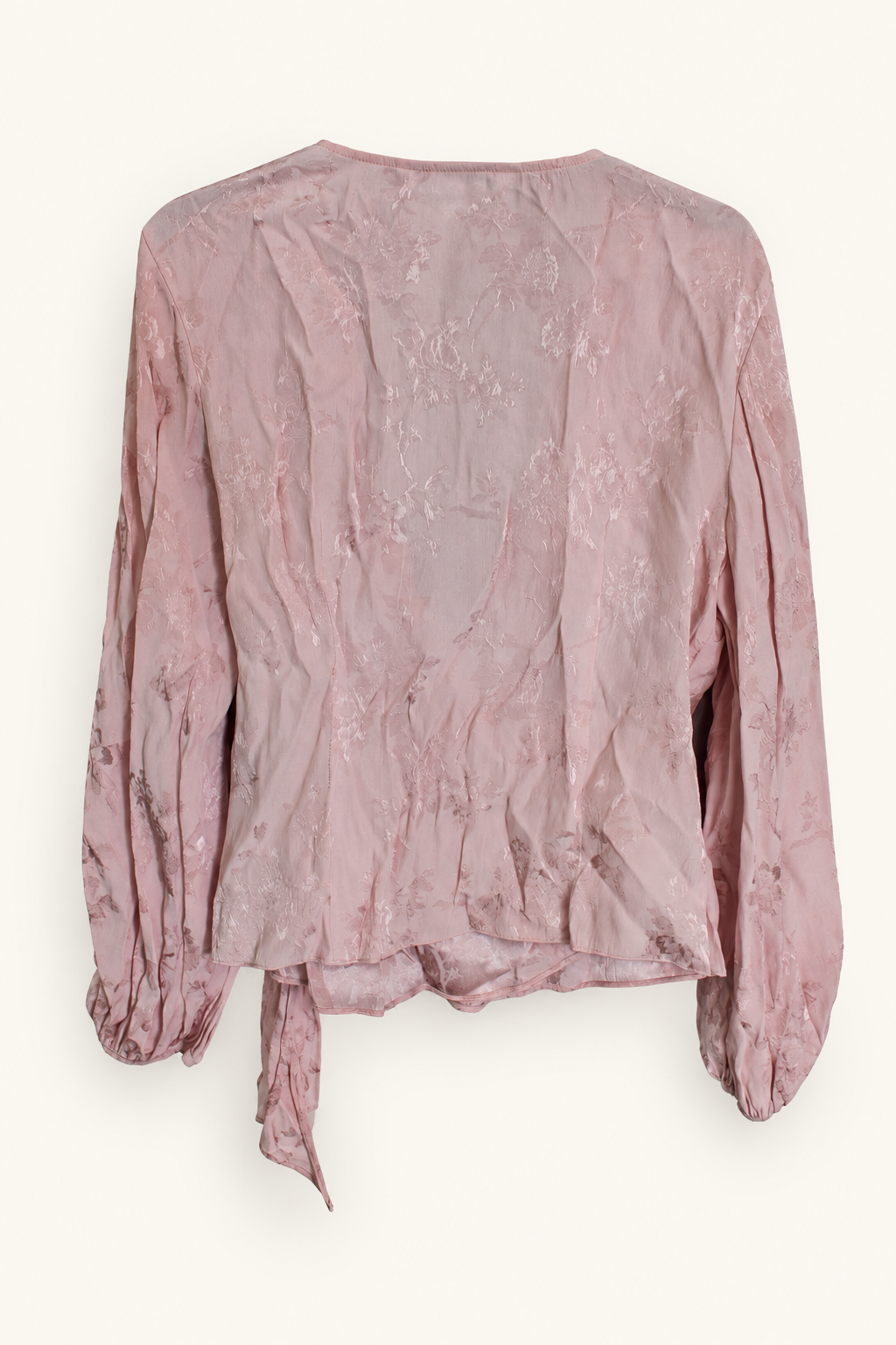 CR-0071, Forever New Blush Floral-Texture Wrap Blouse, garment-only rear view. AI-edited from the actual garment photo; hanger and background removed.