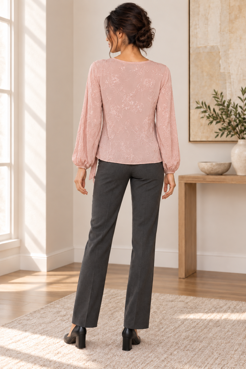 AI-generated rear model view of Forever New Blush Floral-Texture Wrap Blouse