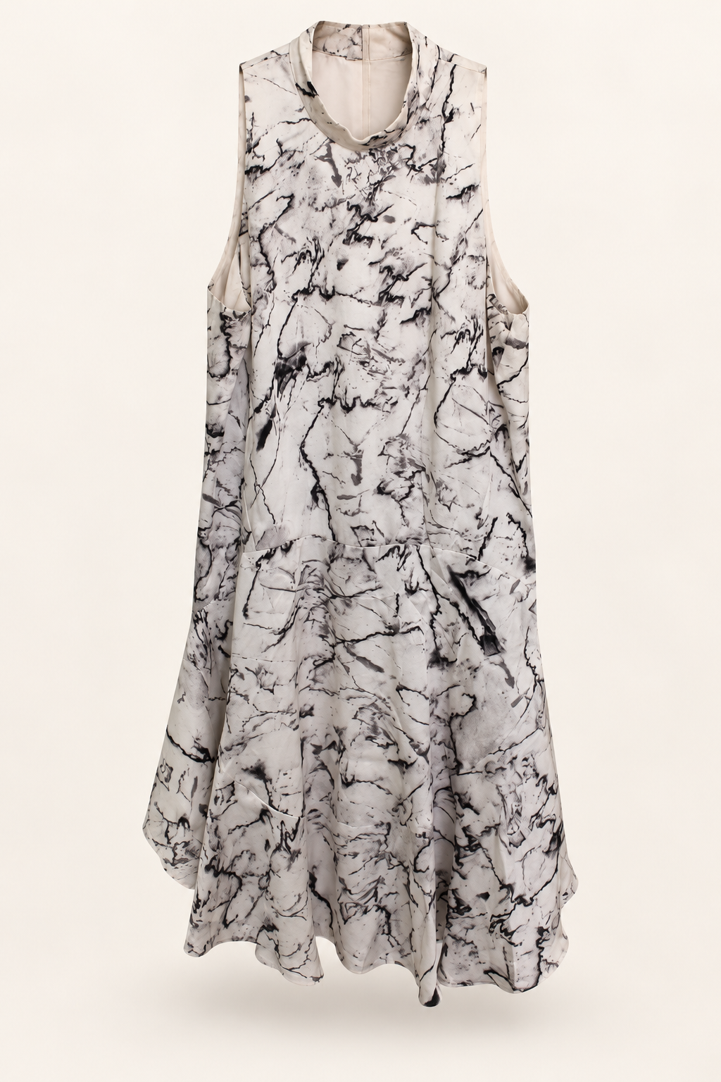 CR-0072, Ivory & Charcoal Marble-Print Flounce Dress, garment-only front view. AI-edited from the actual garment photo; hanger and background removed.