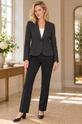 AI-generated front model view of CUE Charcoal Pinstripe Single-Button Blazer