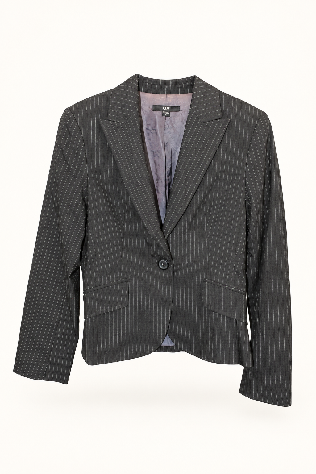 CR-0073, CUE Charcoal Pinstripe Single-Button Blazer, garment-only front view. AI-edited from the actual garment photo; hanger and background removed.