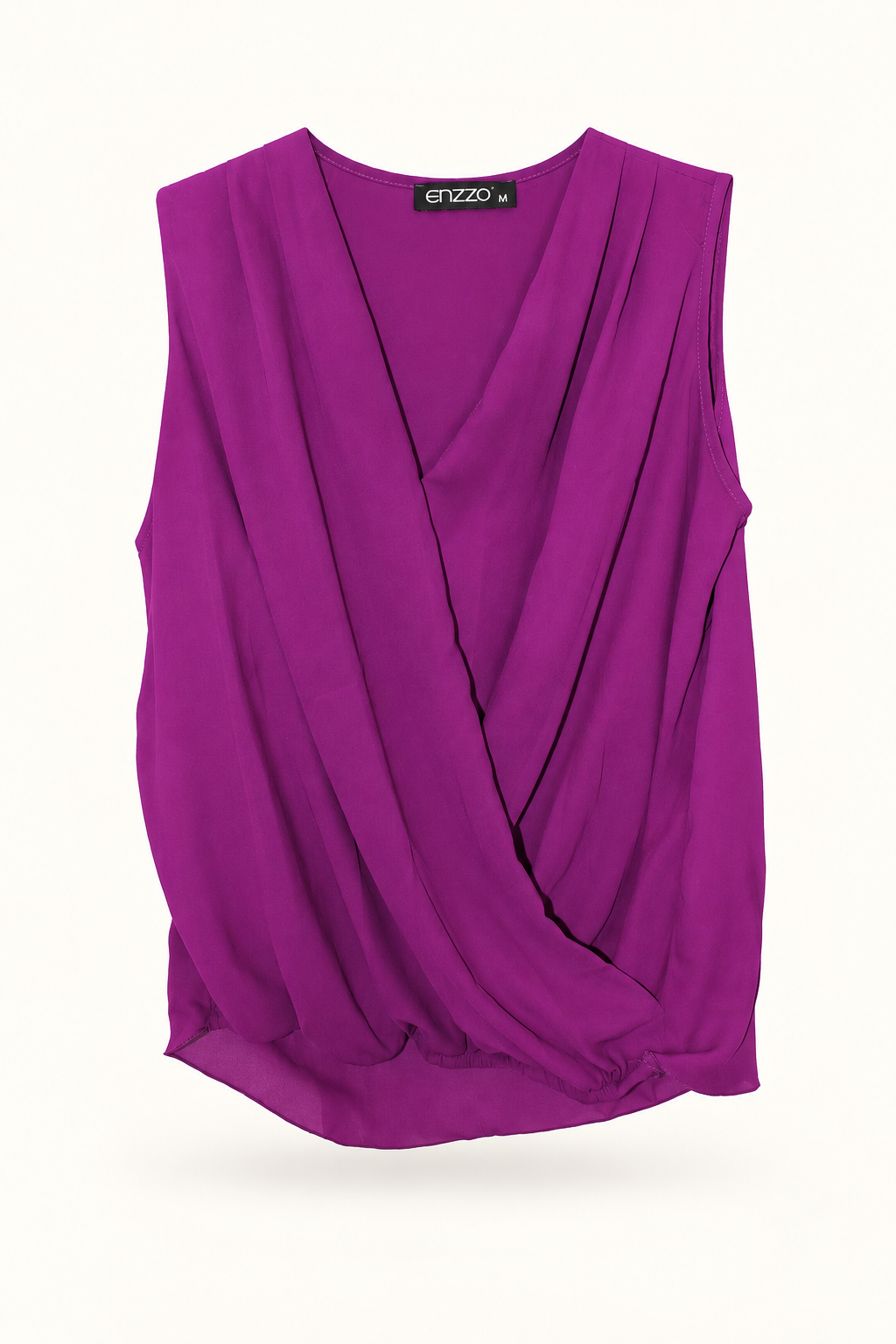 CR-0074, Enzzo Purple Draped Sleeveless Blouse, garment-only front view. AI-edited from the actual garment photo; hanger and background removed.