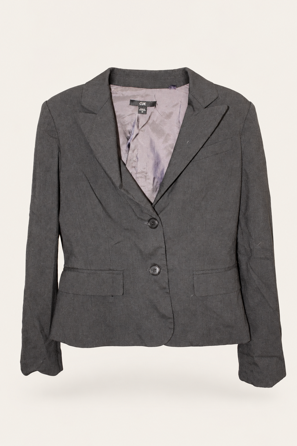 AI-edited garment-only front view of CUE Grey Two-Button Blazer, based on the actual item photo
