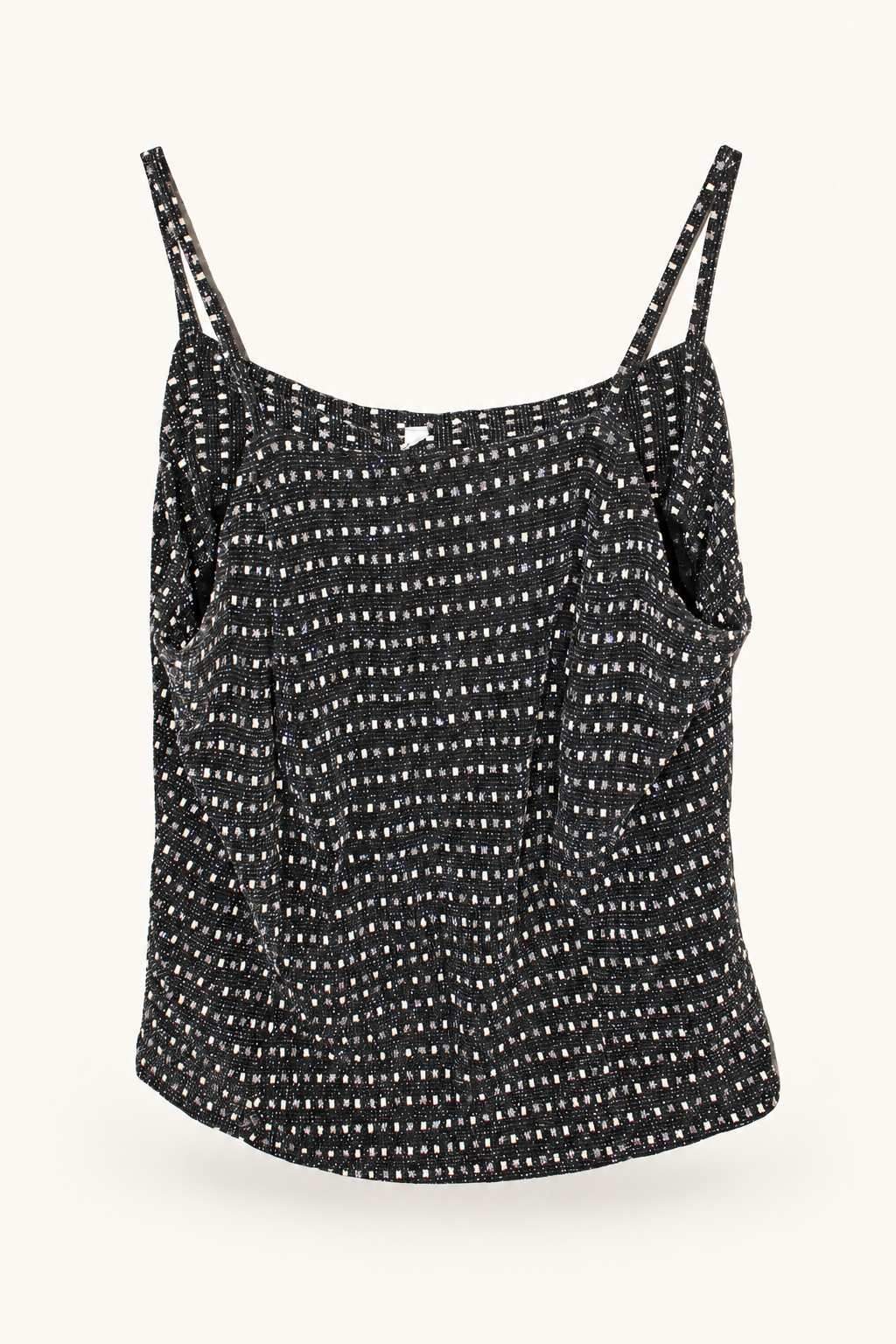 CR-0076, Black & Ivory Metallic-Fleck Crop Top, garment-only front view. AI-edited from the actual garment photo; hanger and background removed.
