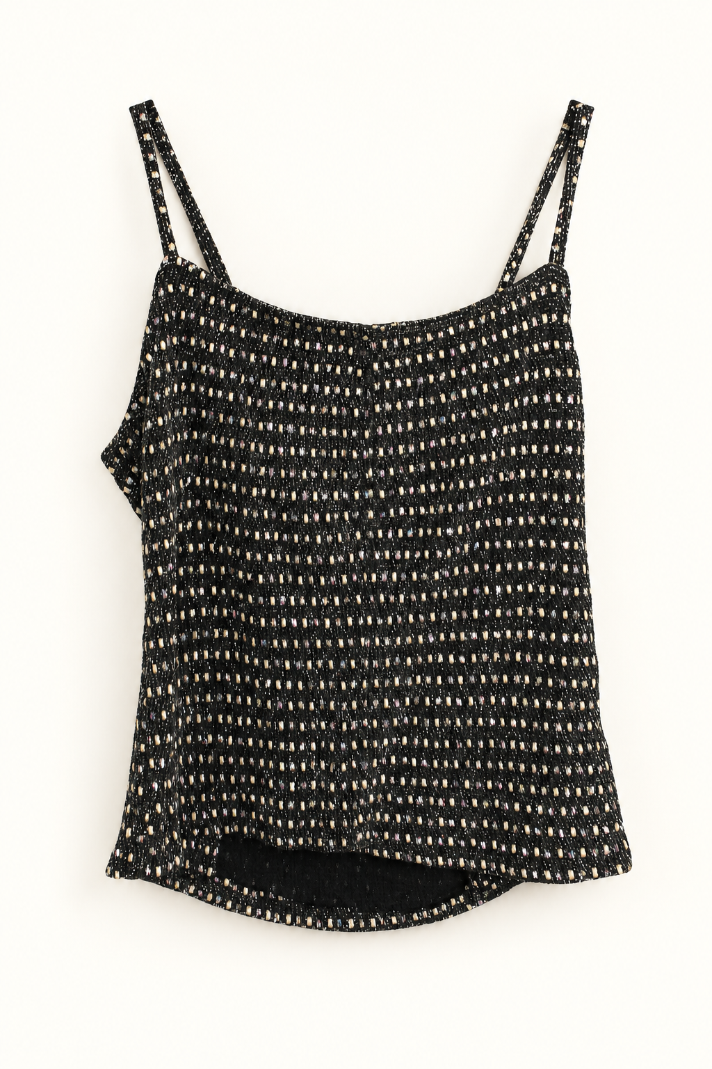CR-0076, Black & Ivory Metallic-Fleck Crop Top, AI-edited garment-only rear view based on the actual item photograph