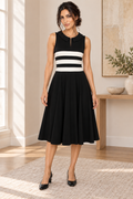 AI-generated front model view of Black & Ivory Striped Collared Dress