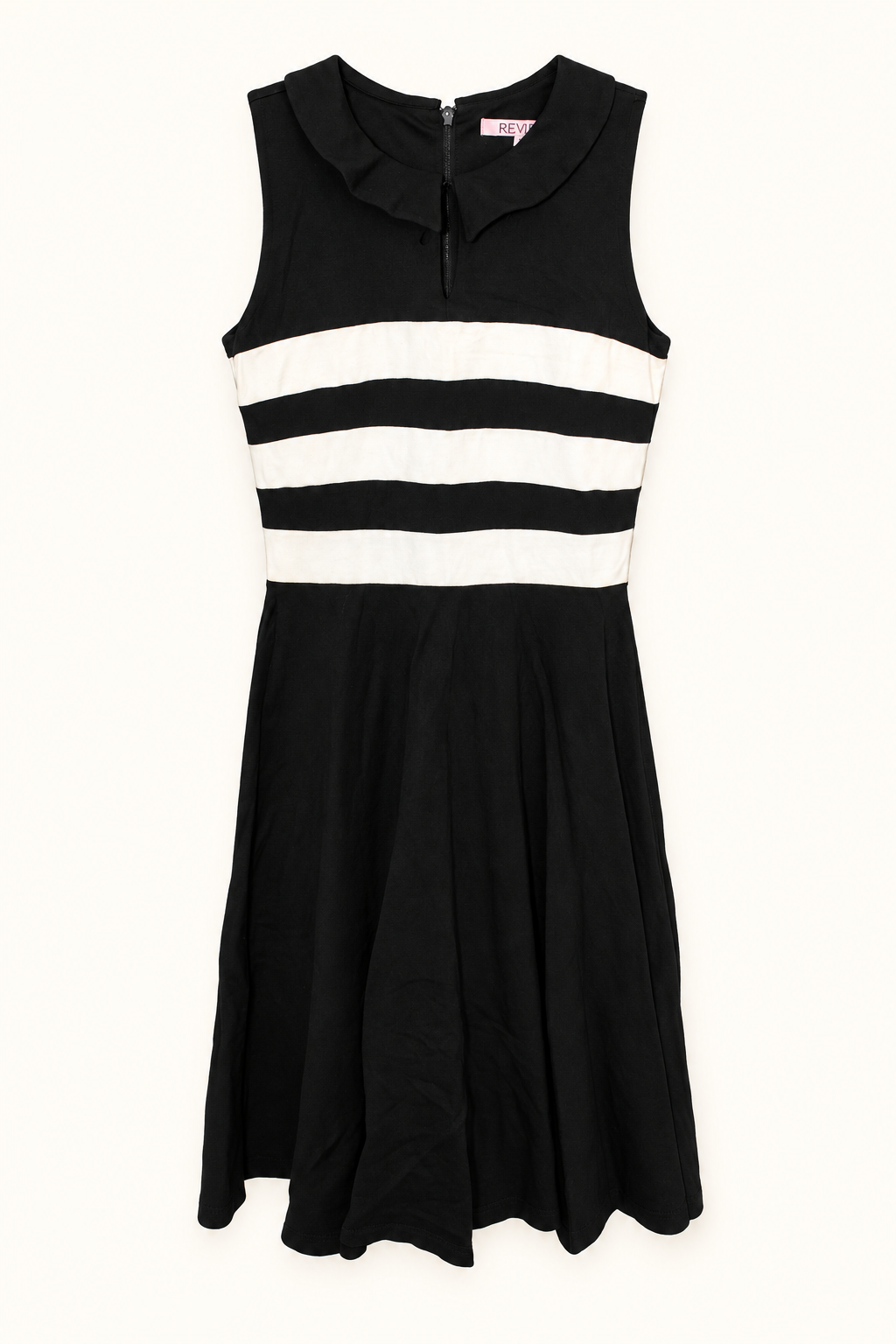 CR-0077, Black & Ivory Striped Collared Dress, AI-edited garment-only front view based on the actual item photograph