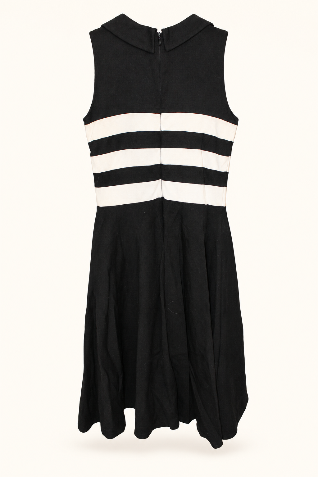 CR-0077, Black & Ivory Striped Collared Dress, garment-only rear view. AI-edited from the actual garment photo; hanger and background removed.