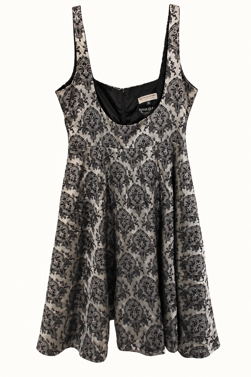 CR-0079, Kitten D’Amour Grey & Black Damask Dress, AI-edited garment-only front view based on the actual item photograph